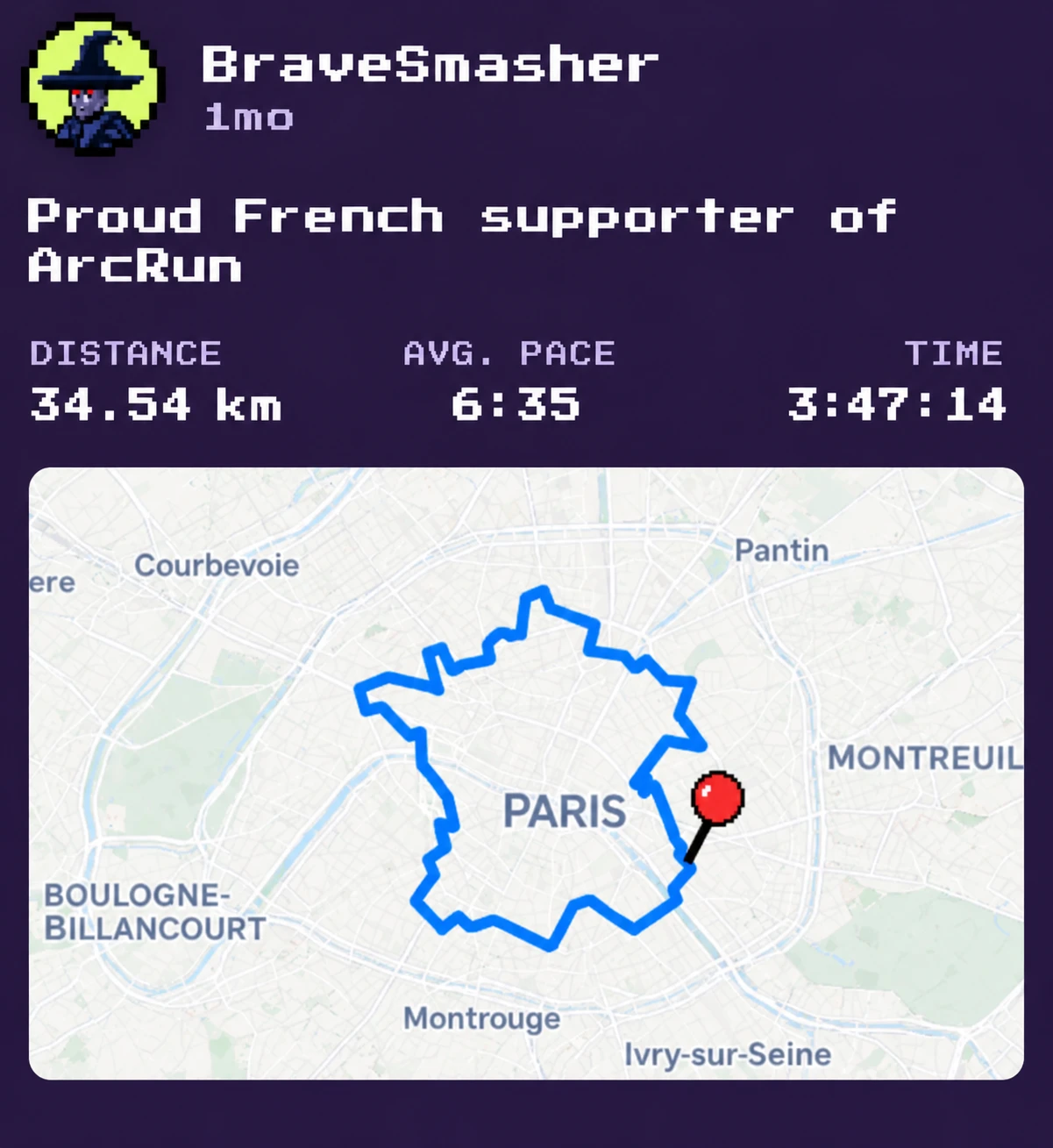 Publicação da comunidade: corrida de 34,54 km em 3:47:14, percurso em forma de França