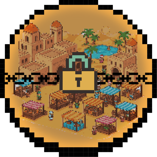 Um cadeado com correntes sobre uma cidade de mercado no deserto